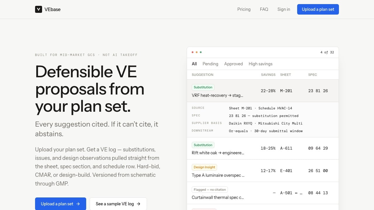 VEbase — Defensible VE proposals for mid-market GCs